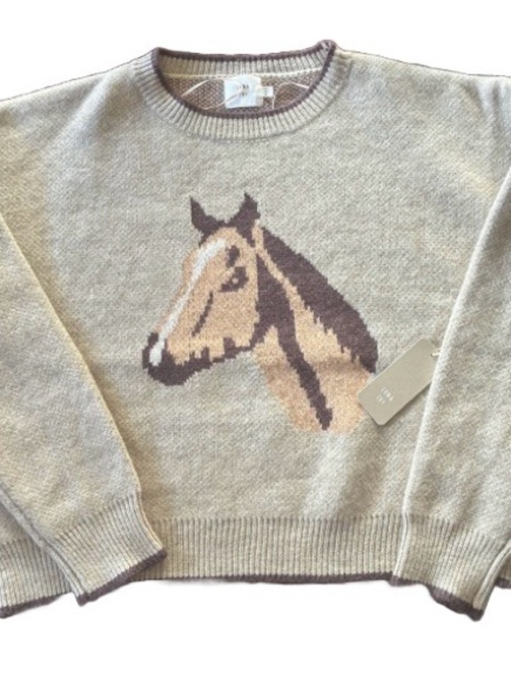 Luna Ivy Beige Horse Intarsia Crewneck Sweater